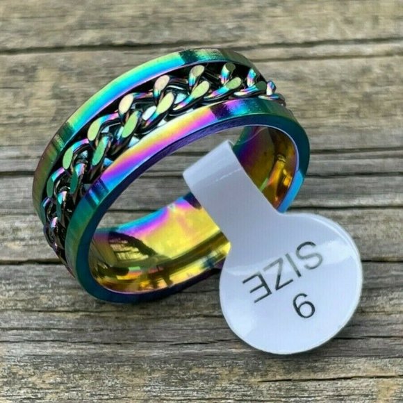Multi Color Ring Fashion Unisex Ring Chain Style Men Women Rings Size 9 - Picture 9 of 10